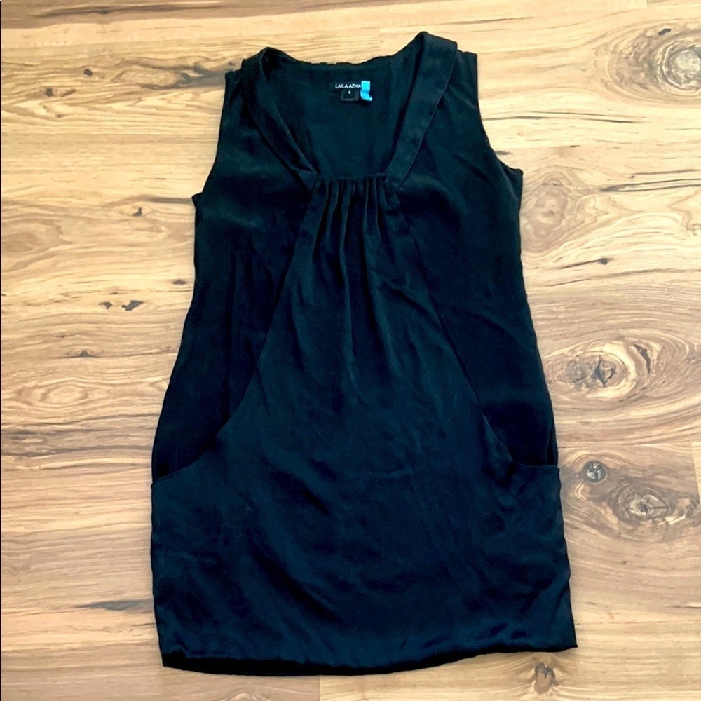 Laila Azhar Black Ruched Sleeveless Sheath 100% Silk Mini Dress Sz 4 Old Money